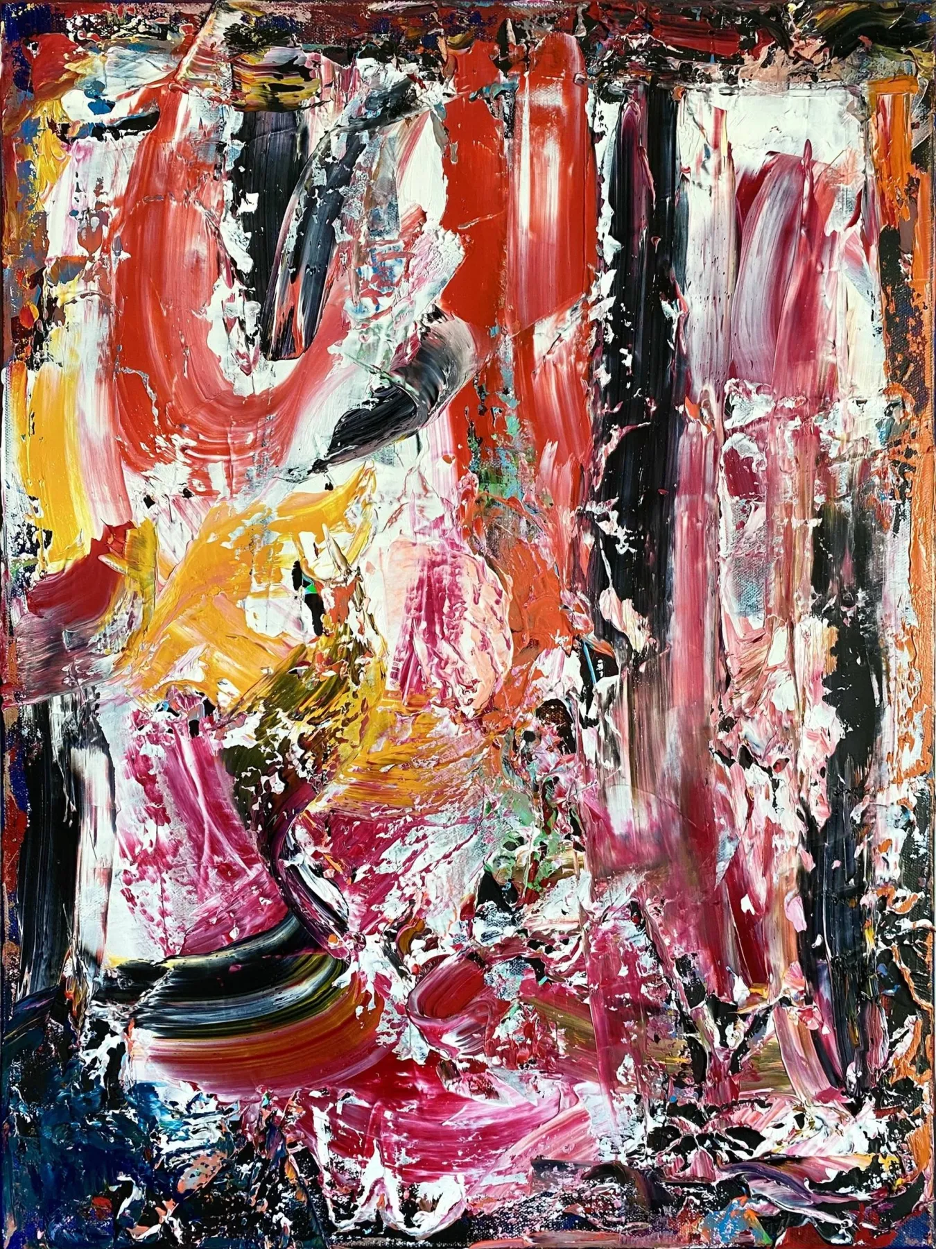 An oil canvas of thick, dragged strokes in pink, red, yellow, white and black; a dark curved form at lower left reads as a shoulder or hip against a vertical rush of red and pale paint.