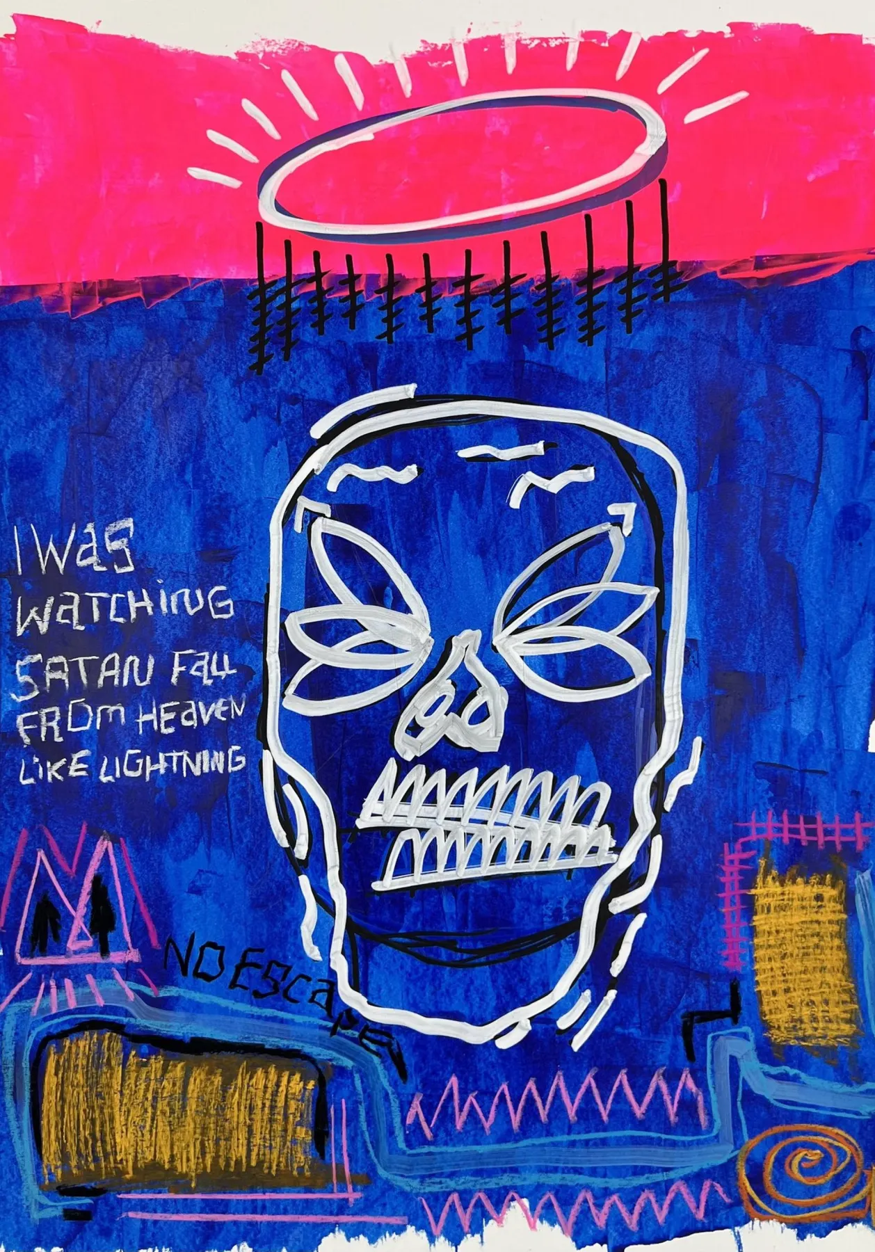 A cobalt-blue field topped by a hot-pink band, a white halo radiating black ticks above a white-line skull with crossed-out eyes and a barred grin; at left, white capitals read I WAS WATCHING SATAN FALL FROM HEAVEN LIKE LIGHTNING, and below, NO ESCAPE.
