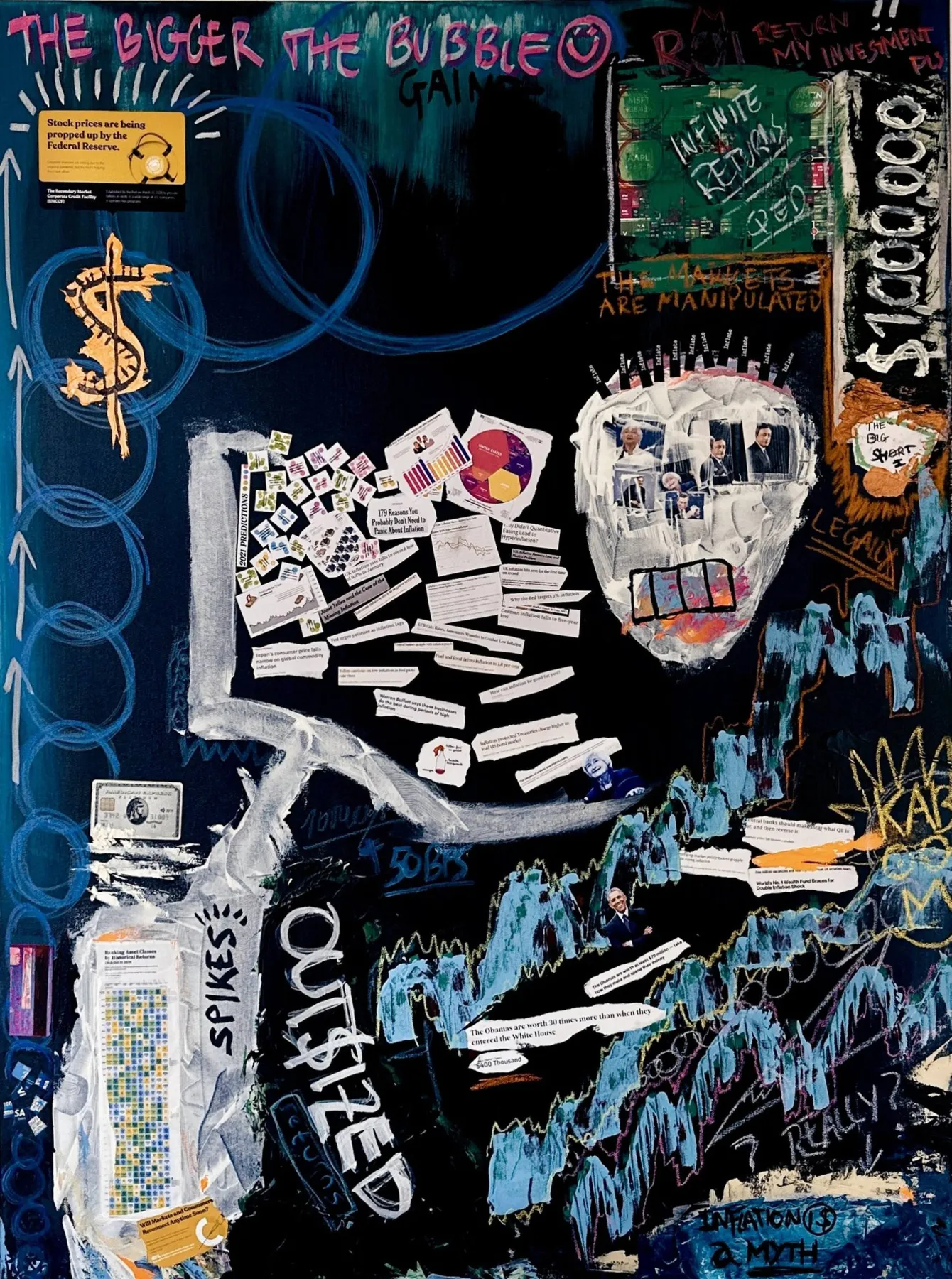 A black canvas with a white silhouetted figure whose body is a collage of printed charts, notes and clippings, a face with two tiny photographic heads for eyes, a rising blue market line, a dollar sign, one million dollars lettered at right, and scrawled phrases including THE BIGGER THE BUBBLE and SPIKED out$ted.