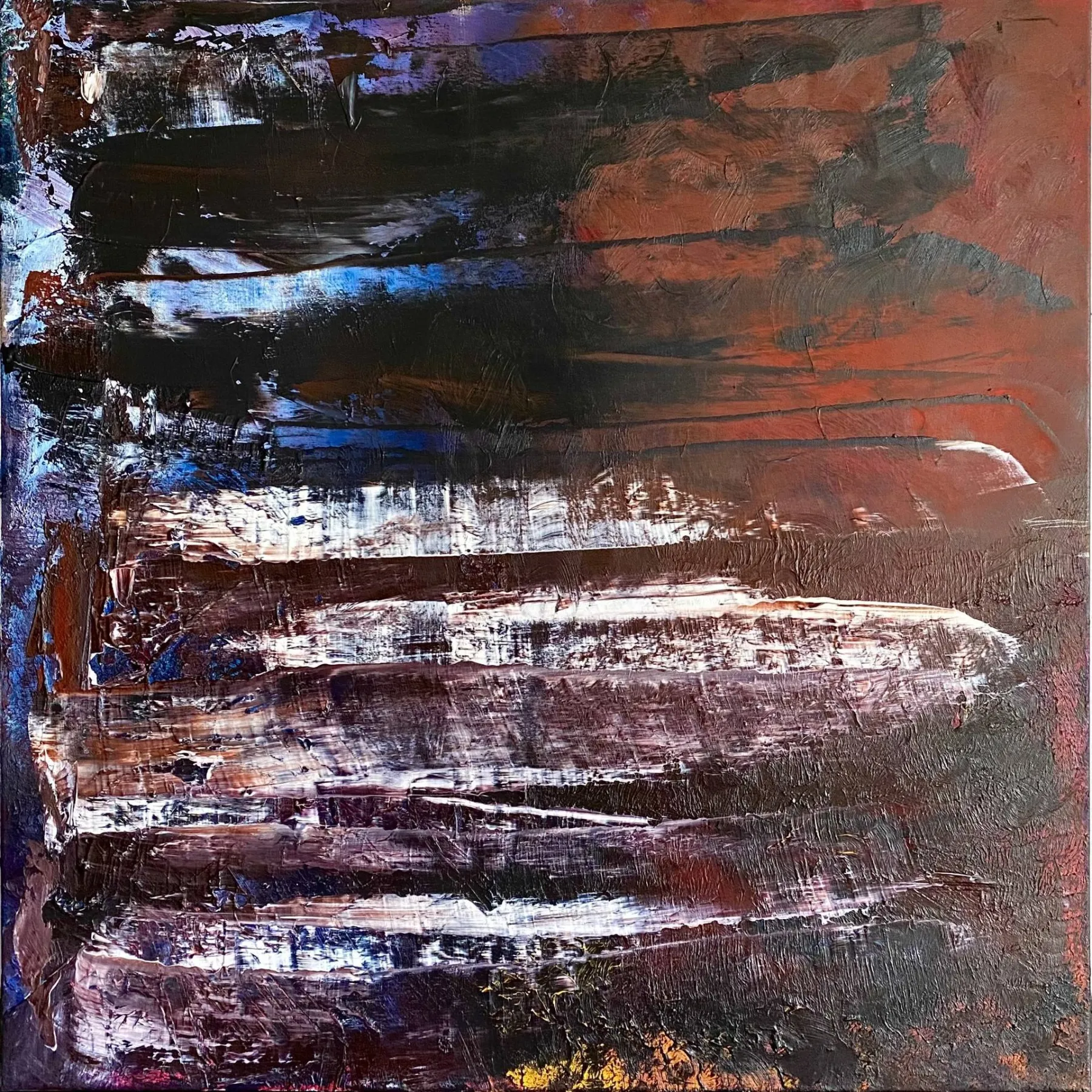 A square canvas of horizontal scraped bands — dark brown-black at the top, then chalky white, rust and bruised purple — reading as an American flag whose stars have been painted out and whose stripes have been dragged until they almost fail.