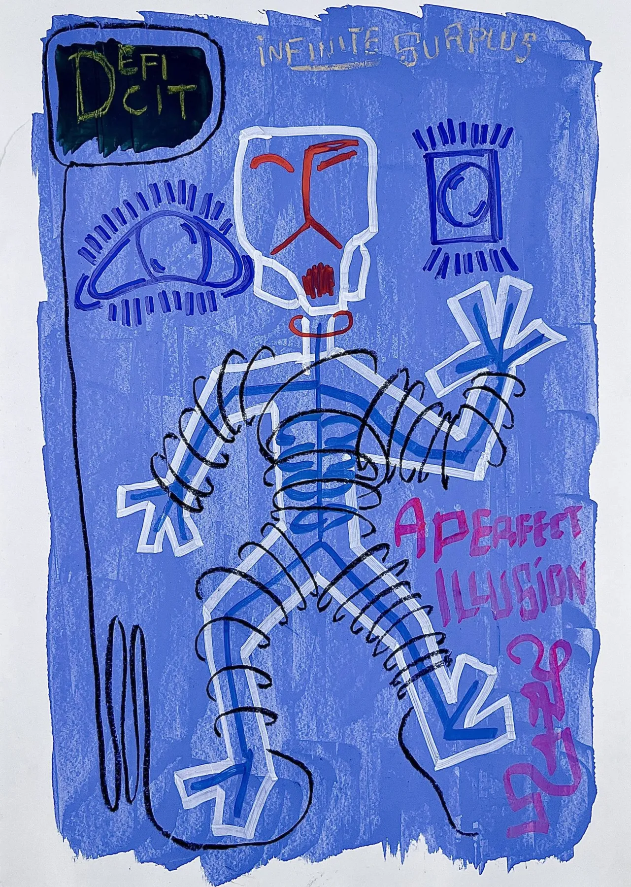A periwinkle-blue field on white paper with a white stick figure whose torso is wrapped in a black spiral coil; hand-lettered words include DEFICIT in a black oval, infinite surplus along the top, a perfect illusion at right, and a purple 2023.