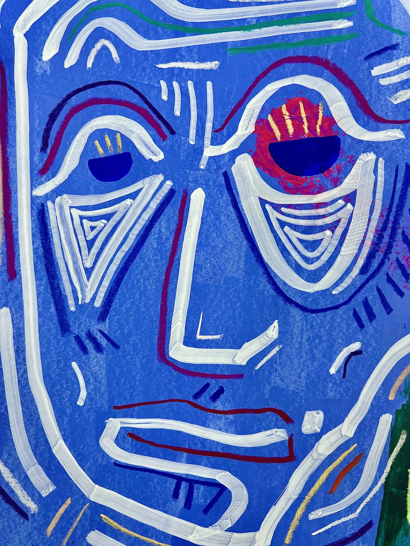 Close-up of the eyes and nose in white line, the right eye ringed in red with yellow lashes.