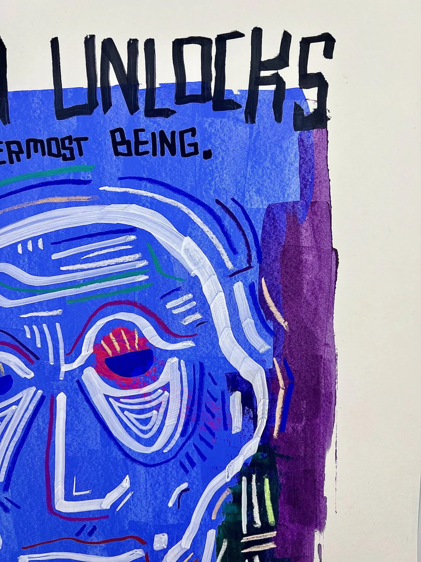 Close-up of the hand-lettered title and the face's right edge against a purple wash.