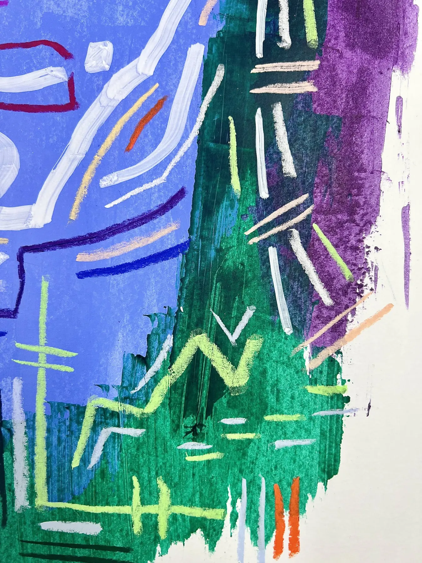 Close-up of the lower field where blue meets green and purple, marked in oil-stick dashes.