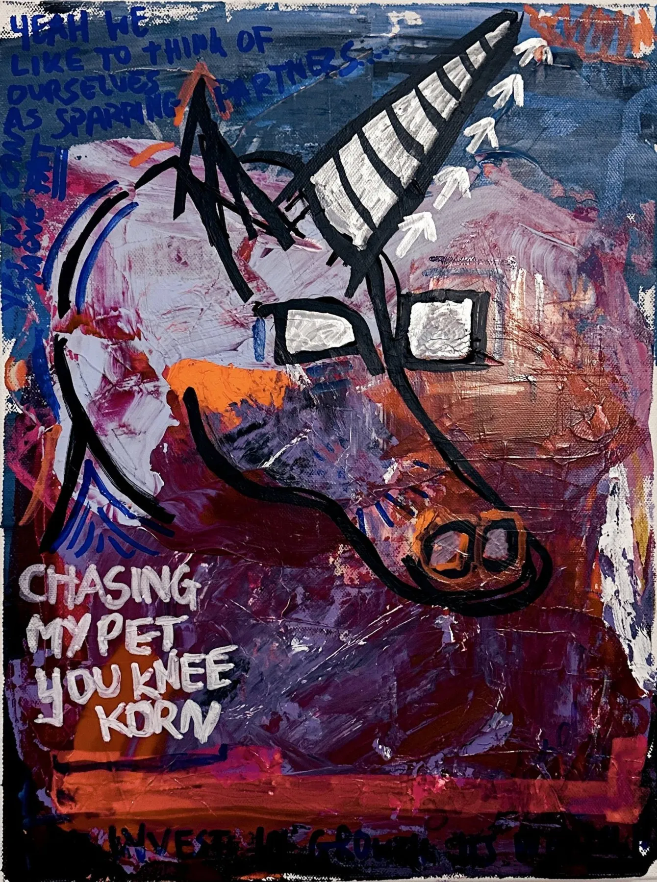 A scraped purple-and-brown canvas with a large black-outlined unicorn head, square eyes and a striped horn, white hand-lettered lines reading yeah we like to think of ourselves as sparring partners and chasing my pet you need corn, with invest grow along the bottom.