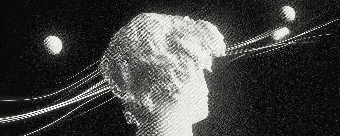 A grainy monochrome image — a classical sculpted head in profile with luminous white filaments streaming horizontally out of it across a starry black field, two pale orbs behind.