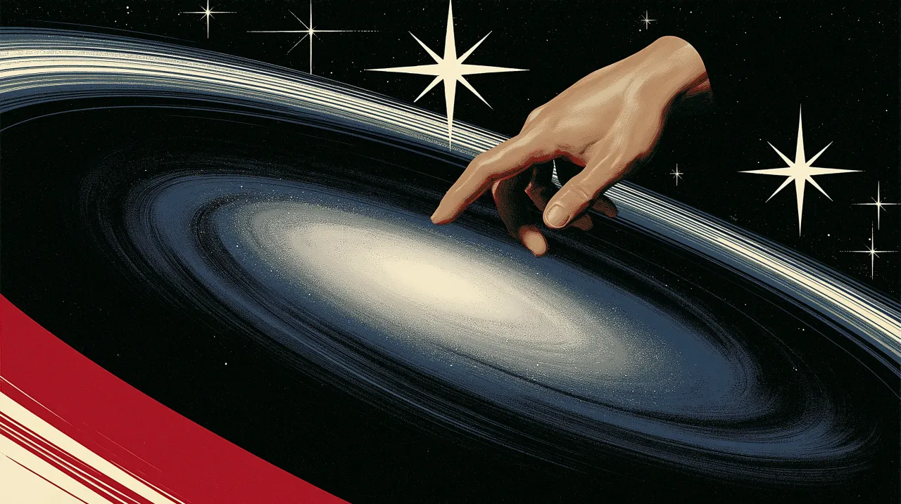 A retro-styled illustration of a vast human hand reaching down out of black space, one finger outstretched to touch a spiral galaxy, with cream and red banded rings sweeping past and eight-pointed stars scattered around it.