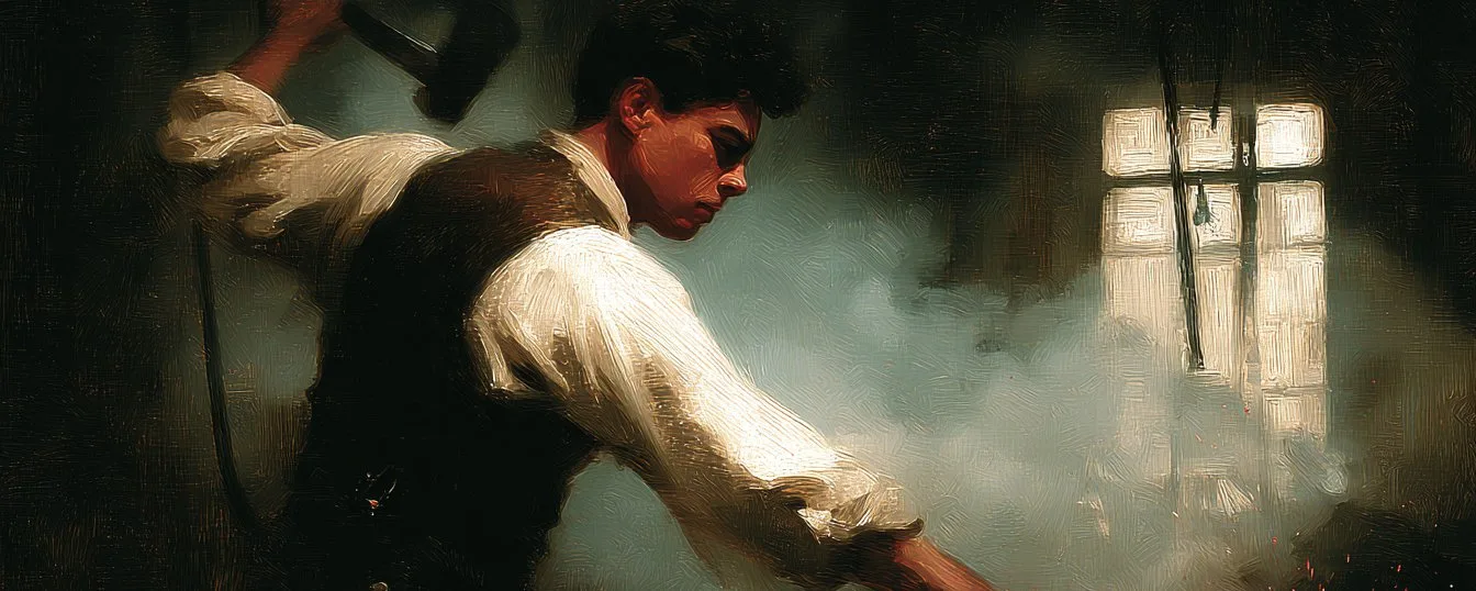 A painterly scene of a young craftsman in a waistcoat and white shirt, hammer raised mid-swing at a forge, steam rising and light falling through a tall mullioned window.