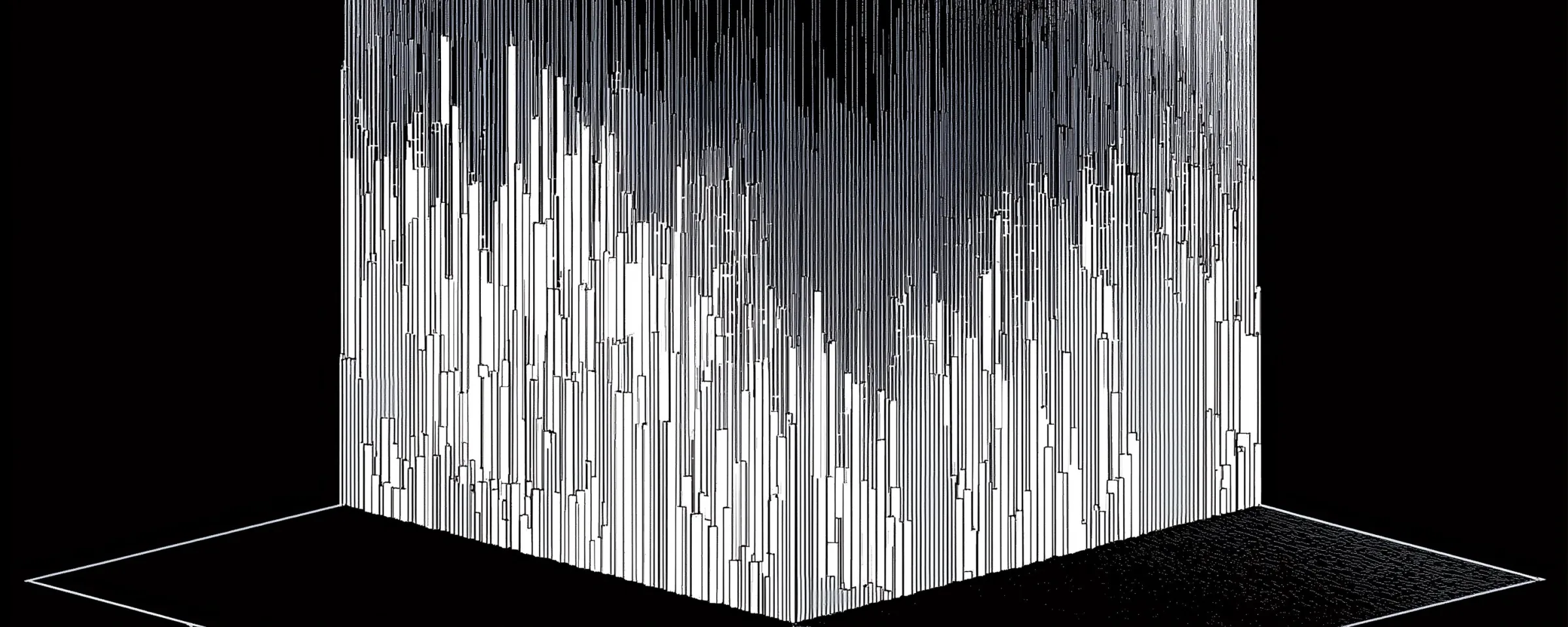 A monochrome panorama — dense columns of white striations of varying heights rising from the two inner walls of a dark cube, like a self-organizing skyline emerging from black.