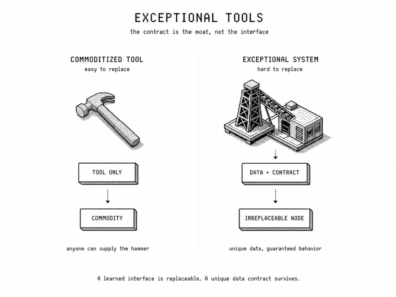 A schematic: six enterprise tools — CRM, Analytics, Messaging, Ticketing, Spreadsheet, BI Dashboard — all feeding arrows into a single human figure labelled attention, memory, cursor, who is the only thing connecting them to a box marked Outcome. The enterprise stack was never integrated; the employee was the integration layer.