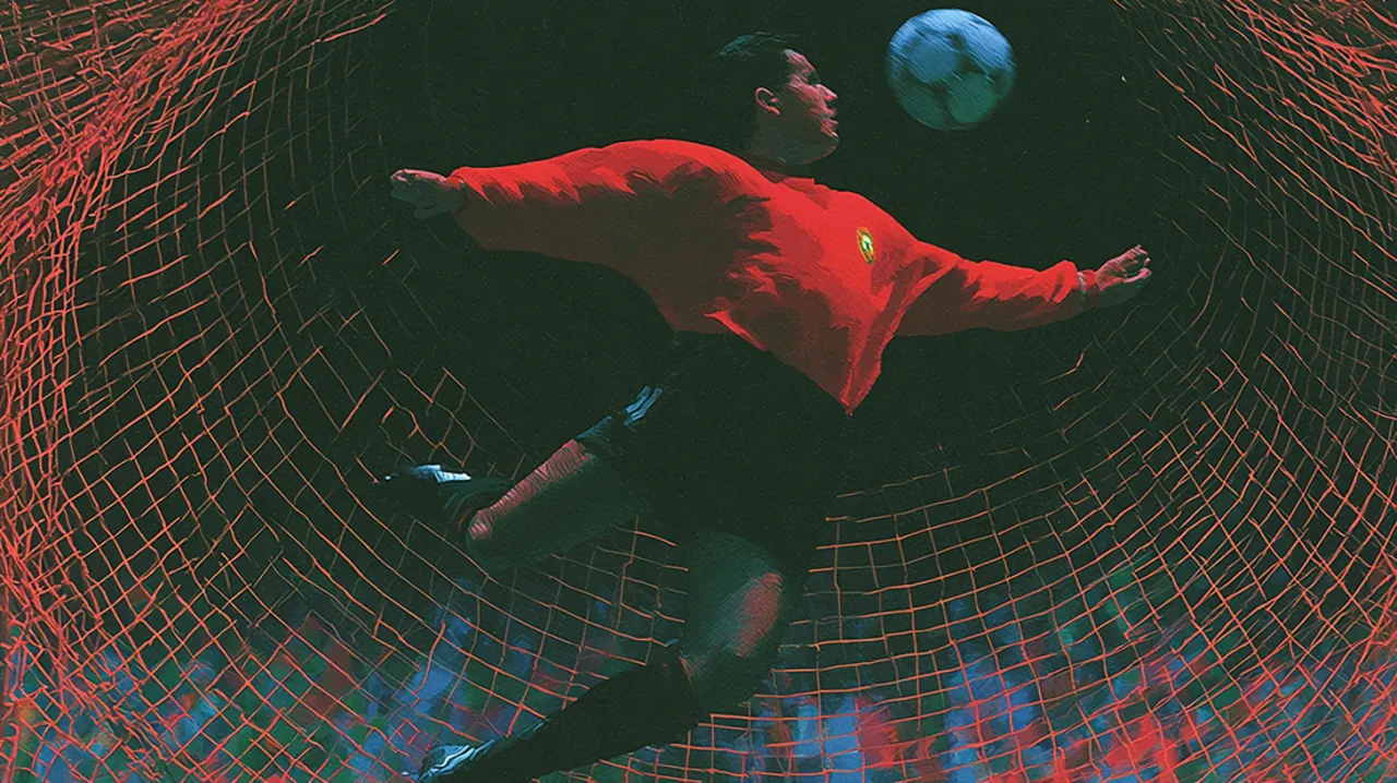 A lone footballer in a red shirt suspended mid-air, striking a ball against a dark stadium net lit in red — the player who scores, the one closest to the outcome.