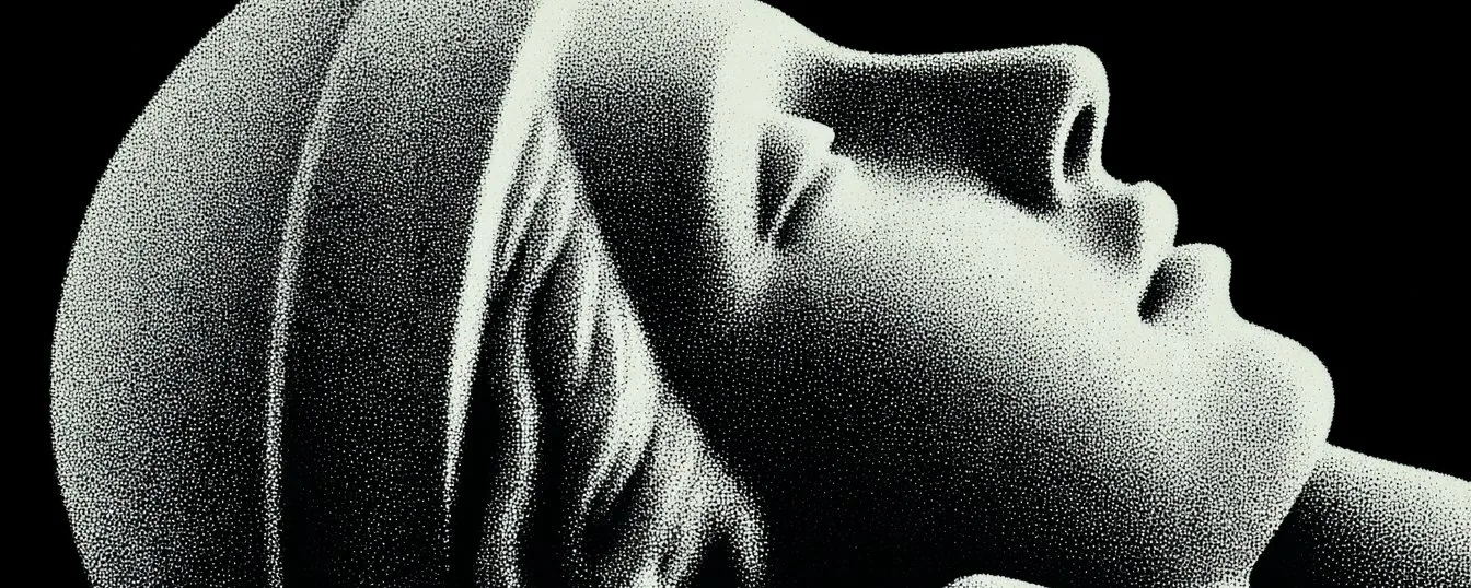 A high-contrast stippled monochrome of a woman’s face in profile, head tilted back and eyes closed, at rest against black.