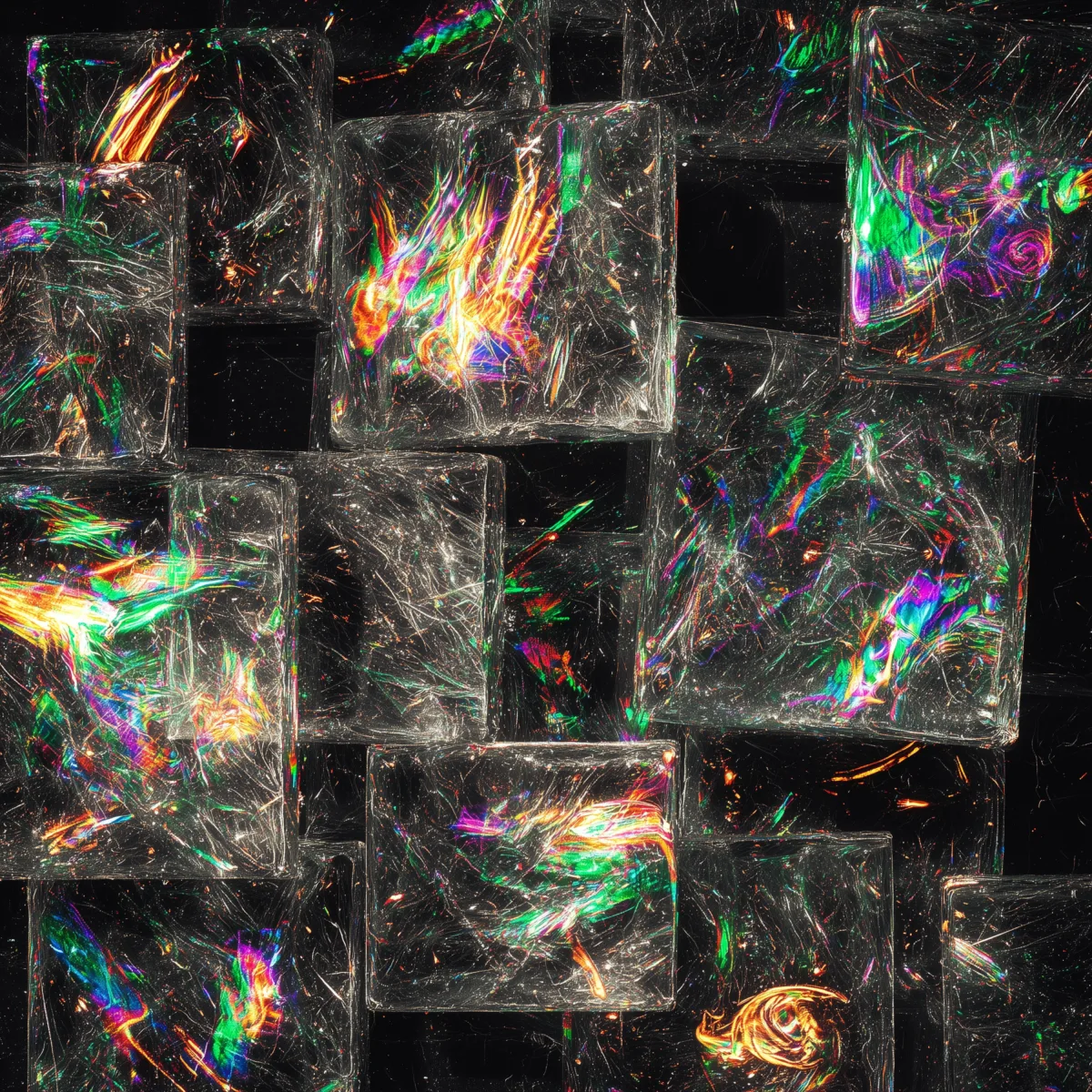 Überzeitreise cover — prismatic glass cubes refracting spectral light against black.