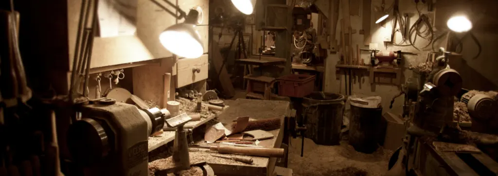 A workshop bench under its lamps